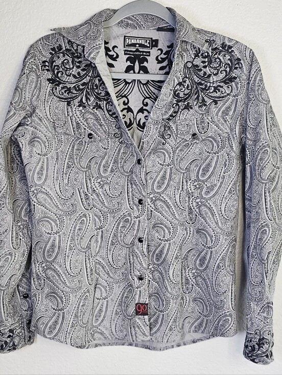 Panhandle Slim Tops - Panhandle Slim Women's Medium Black Gray Paisley Embroidered Pearl Snap Western